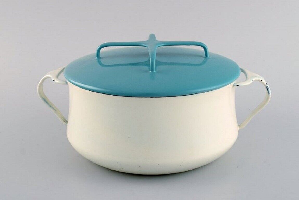 Jens H Quistgaard: Pot with lid in turquoise and cream colored enamel 1960's