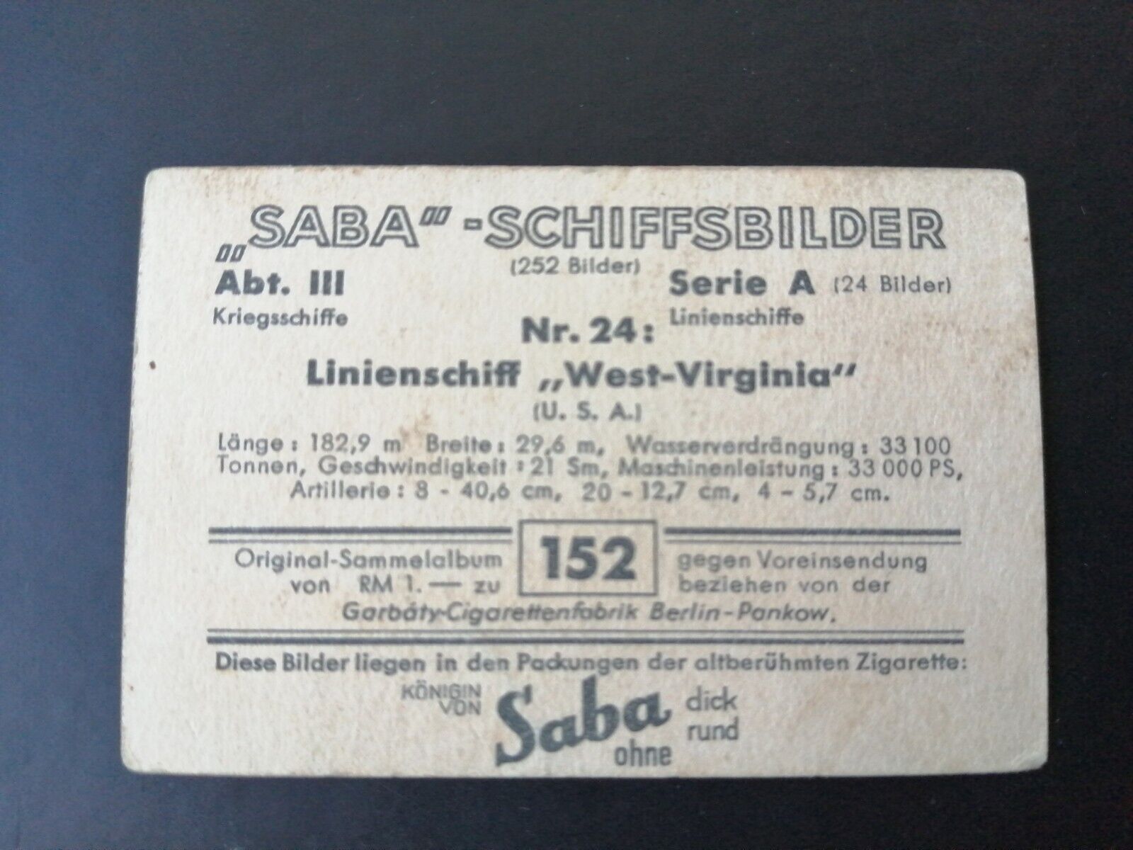 German SABA tobacco ship trading card 1931-33No 152 "West-Virginia"  USA