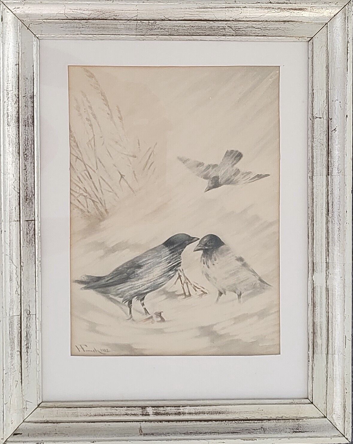 Antique pastel. Herman Funch(1841-1919): “Crows in a blizzard” (1913)