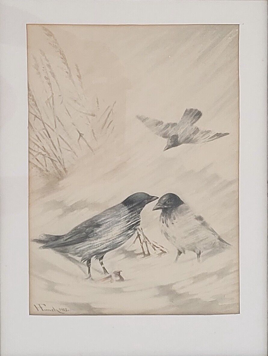 Antique pastel. Herman Funch(1841-1919): “Crows in a blizzard” (1913)