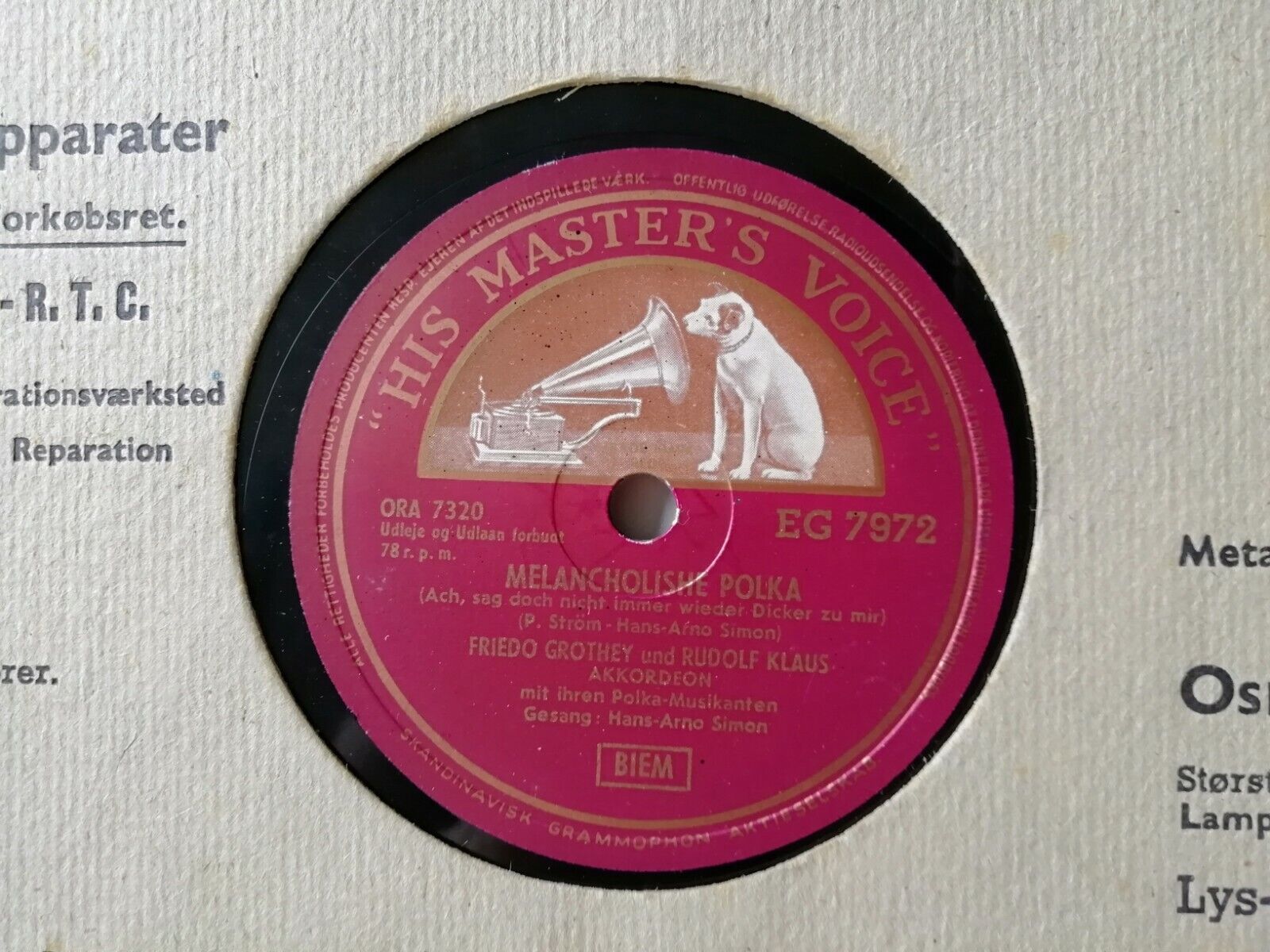 78 rpm Friedo Grothey und Rudolf KlausAkkordeonPolkaHMV EG 7972Denmark