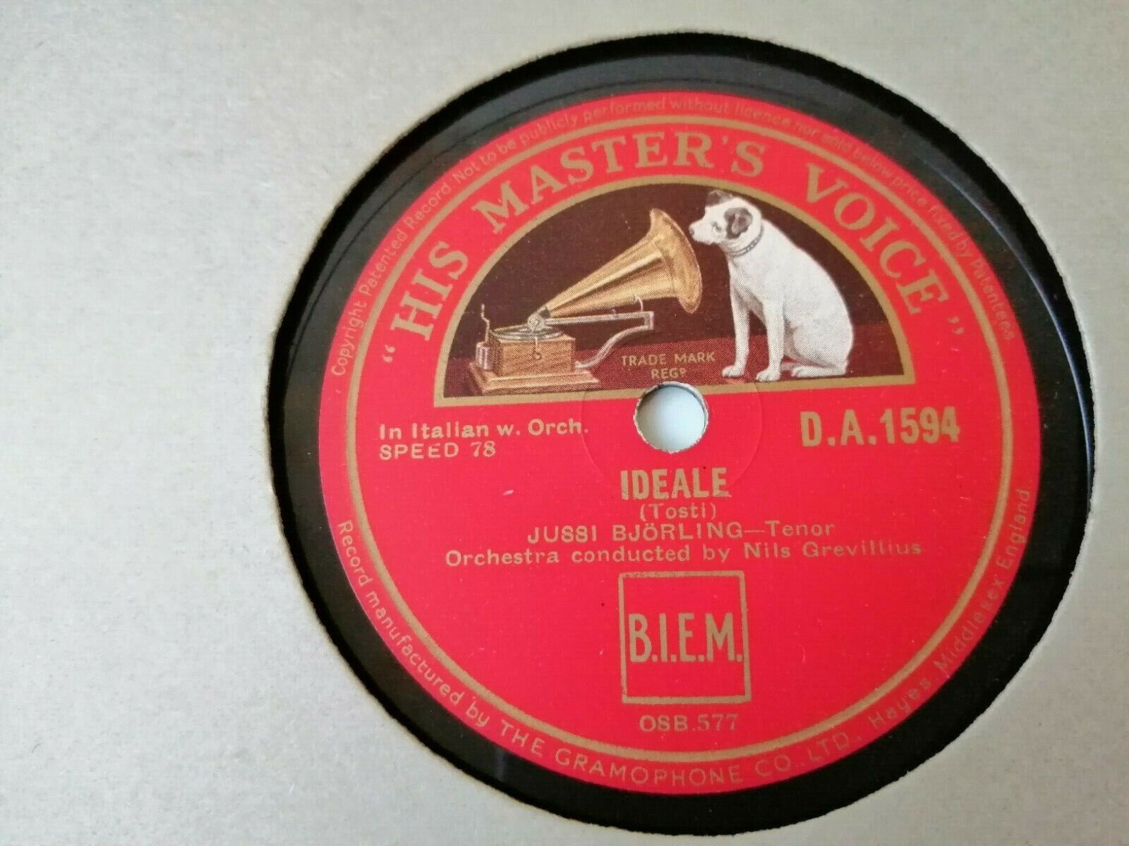 78 RPM  shellac JUSSI BJÖRLINGIdeale/For You Alone HMV DA1594