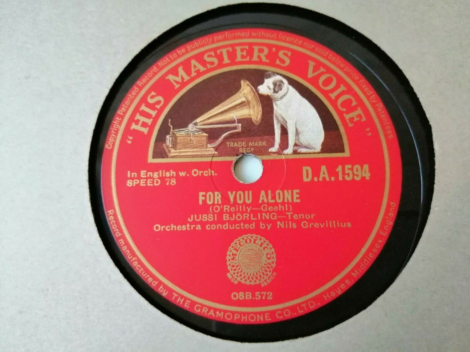 78 RPM  shellac JUSSI BJÖRLINGIdeale/For You Alone HMV DA1594