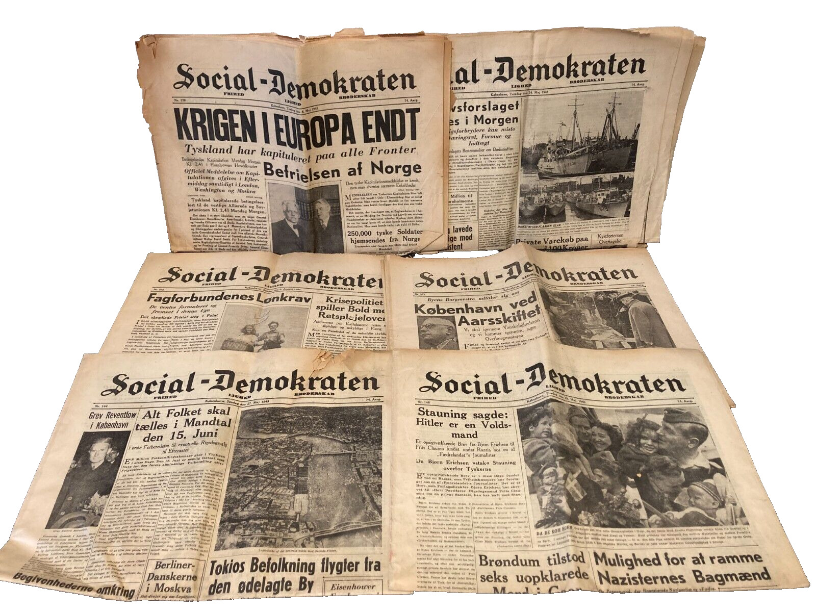 6x Pcs Danish WWII World War 2 Newspaper Lot 1944-45 "Social-Demokraten" Denmark