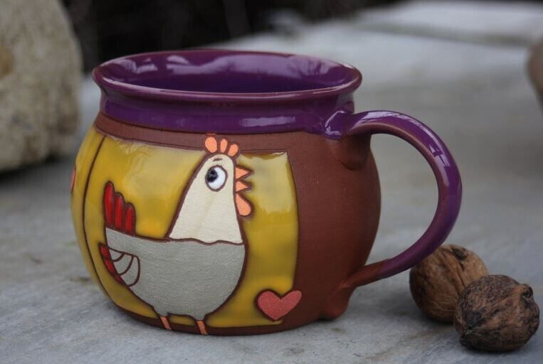 Handmade ceramic mug with chicken Pottery mug