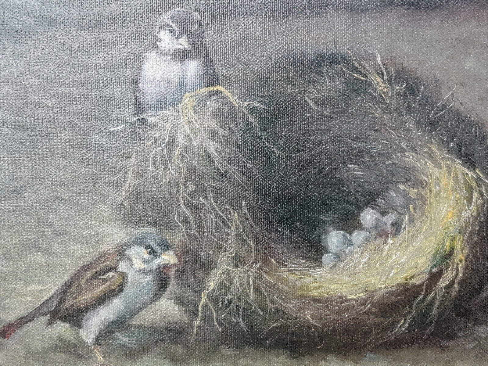 TWO SPARROWS AND THEIR NEST PROBLEM original oil painting