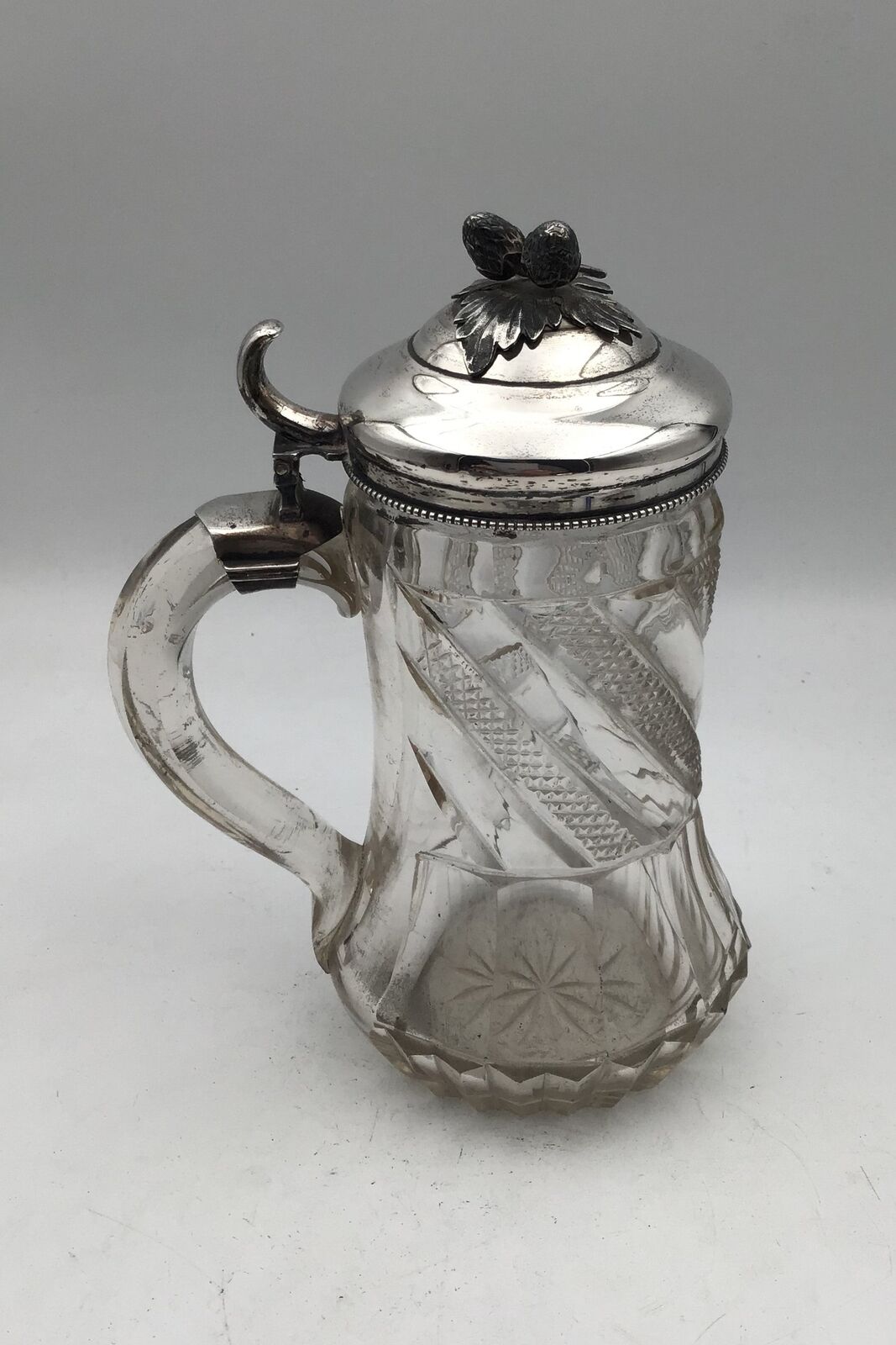 Glass Beer Mug with Silver Mounted Ornamental Lid