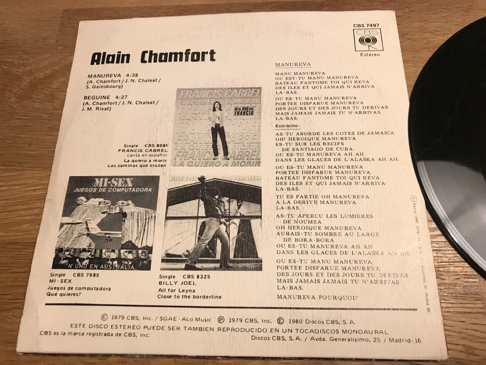 ALAIN CHAMFORT "MANUREVA / BEGUINE" 1979 CBS RECORDS SGIE MADE IN SPAIN OOP RARE