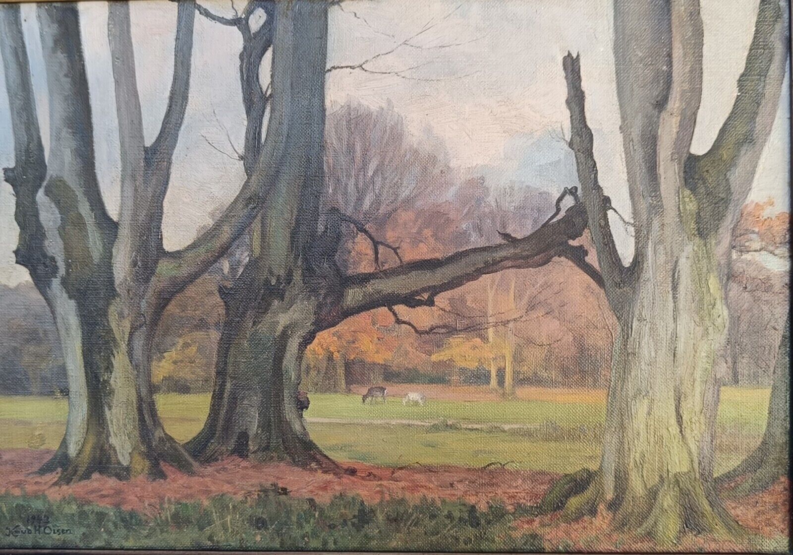 Knud H Olsen (1878-1951): MEADOW WITH DEER BEHIND OLD TREES Dated 1943