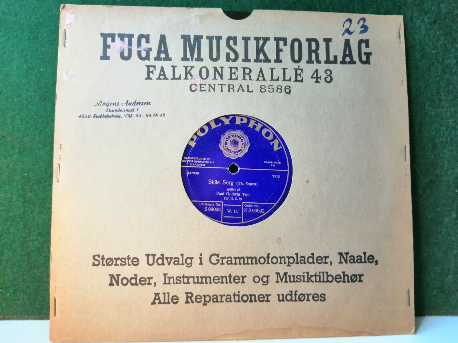 78 RPM PAUL GODWIN TRIOStille Sorg/La Madonna PolyphonDanish trio