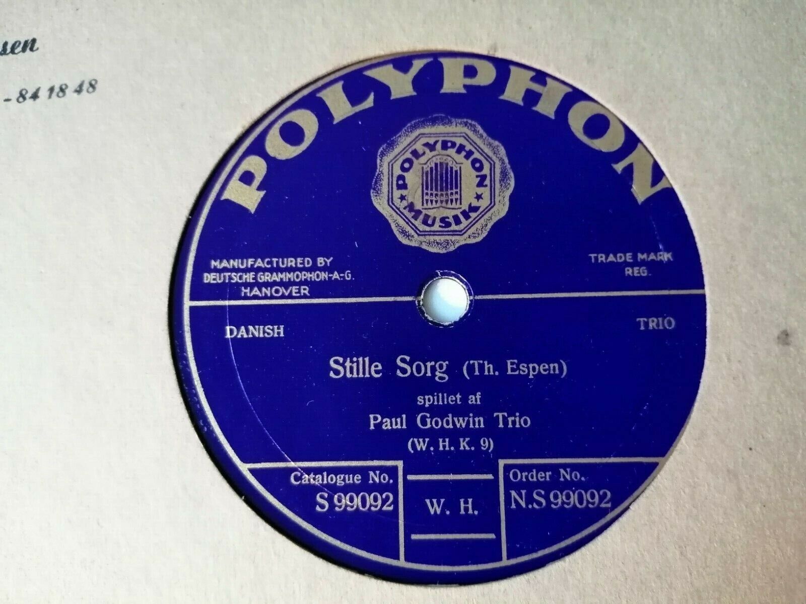 78 RPM PAUL GODWIN TRIOStille Sorg/La Madonna PolyphonDanish trio