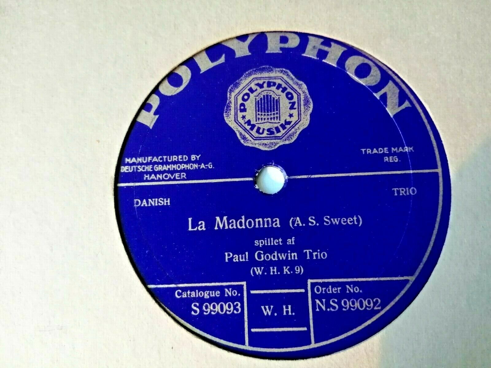 78 RPM PAUL GODWIN TRIOStille Sorg/La Madonna PolyphonDanish trio