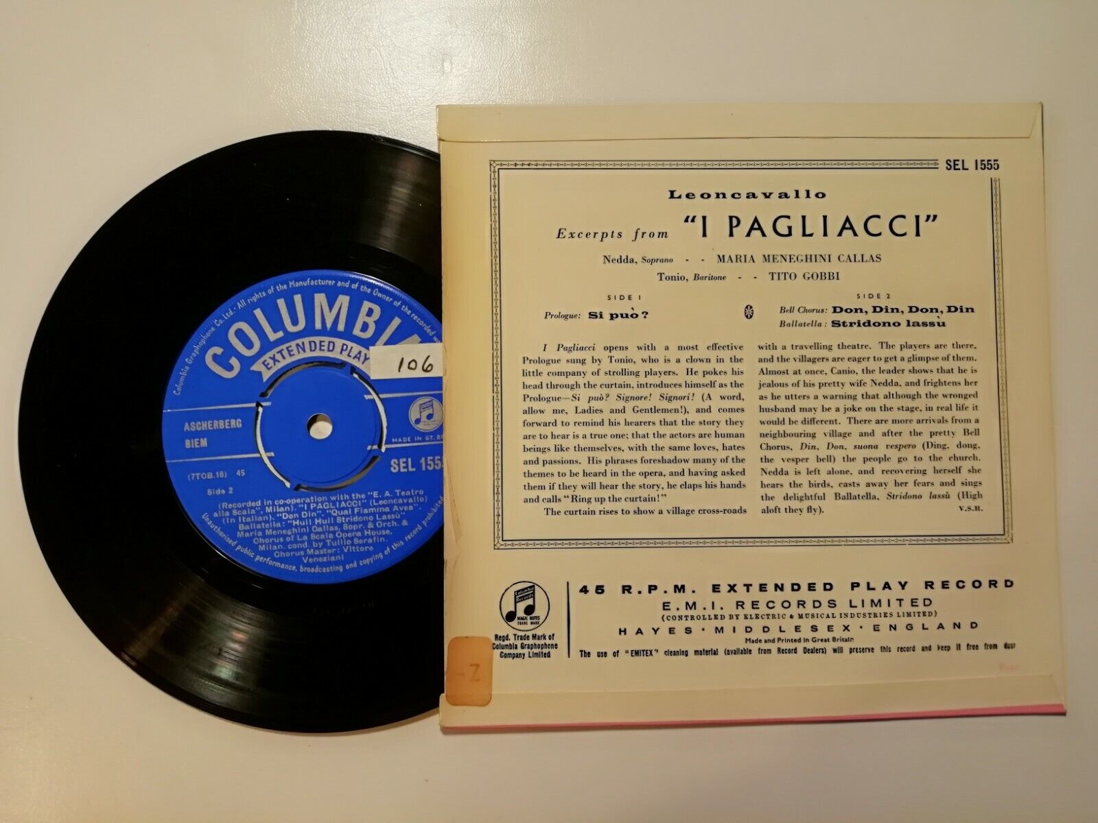 Vinyl 45 EP  I PagliacciMaria CallasTito Gobbi Columbia SEL 1555