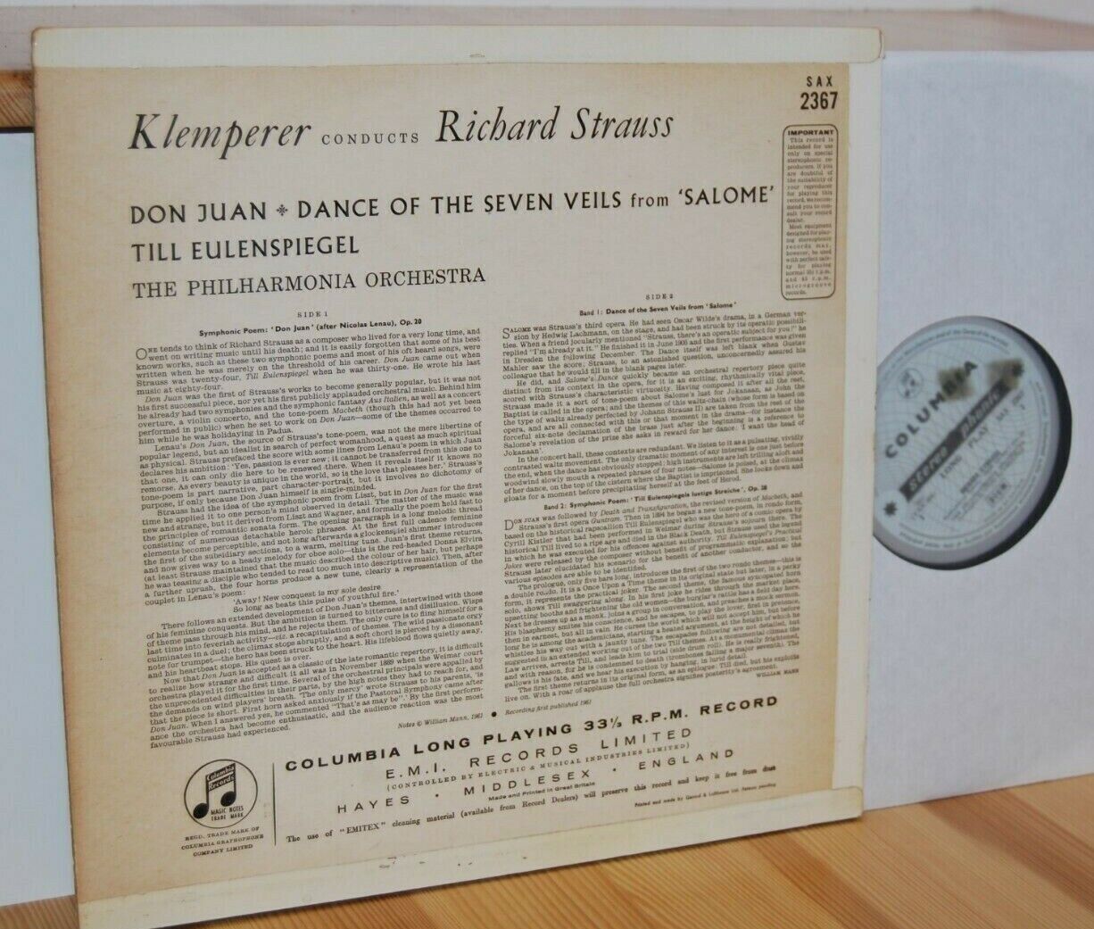 SAX 2367 RICHARD STRAUSS Otto Klemperer EULENSPIEGEL * DON JUAN Columbia STEREO