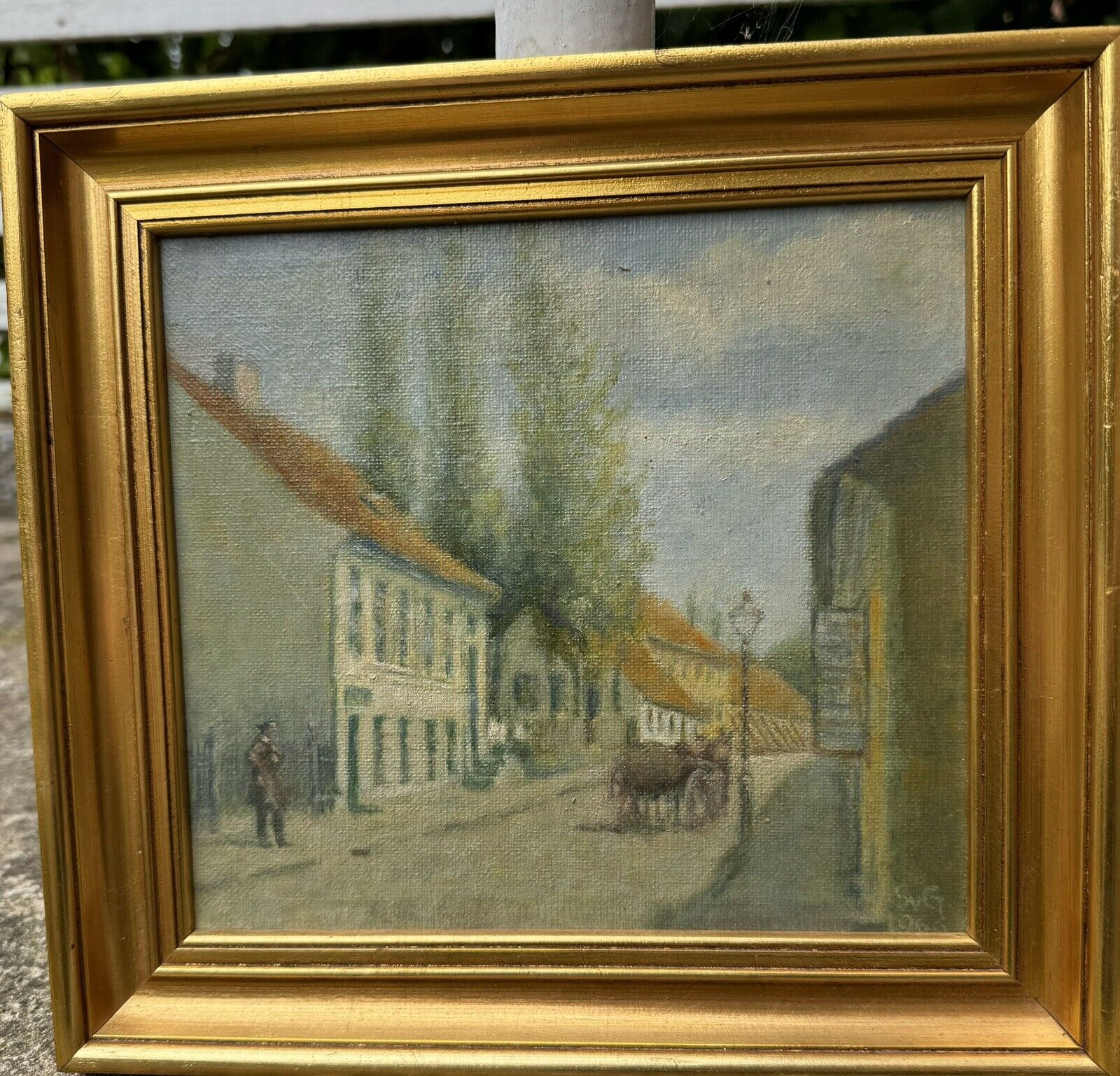 Vintage Oil Painting: Street Motif With Horse Wagon In Small Town Street 1966