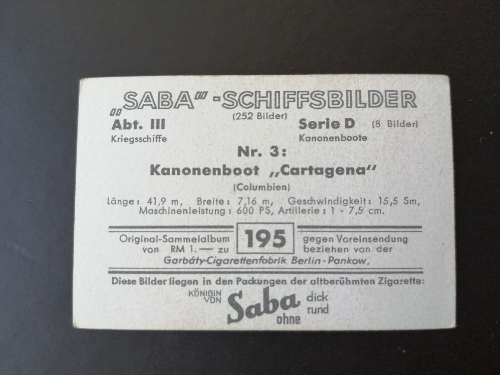 German SABA tobacco ship trading card 1931-33No 195 " Cartagena" Columbia