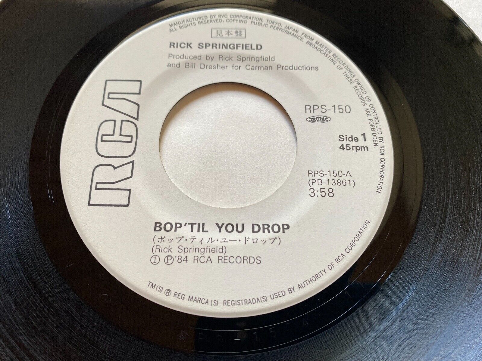 RICK SPRINGFIELD "BOP ´TIL YOU DROP/TAX" RCA JAPANESE PROMOTIONAL VINYL 7" JAPAN