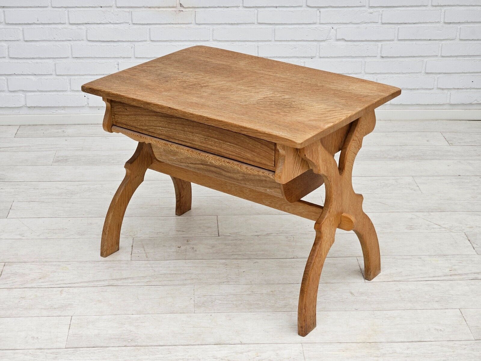 1970s, Scandinavian side table, solid oak wood, rattan.