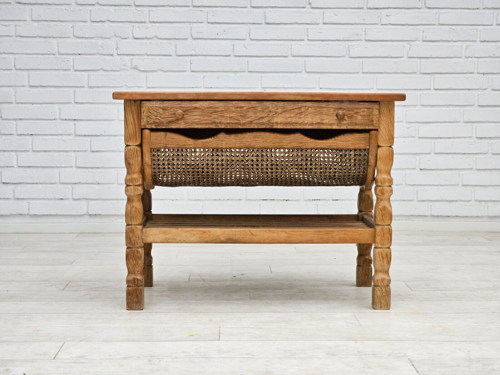 1970s, Scandinavian side table, solid oak wood, rattan.