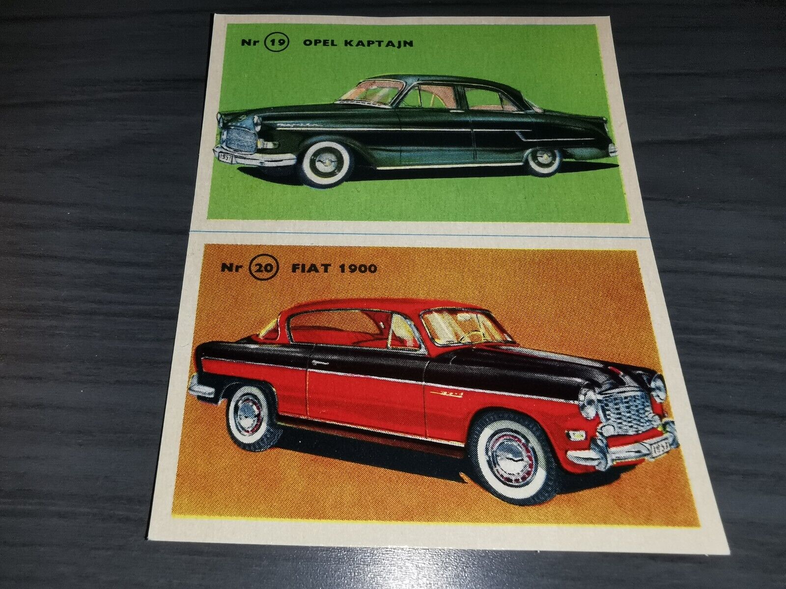 Opel kaptajn - Fiat 1900 Car card hjemmets samleserie 1957 UNCUT SHEET #19 #20