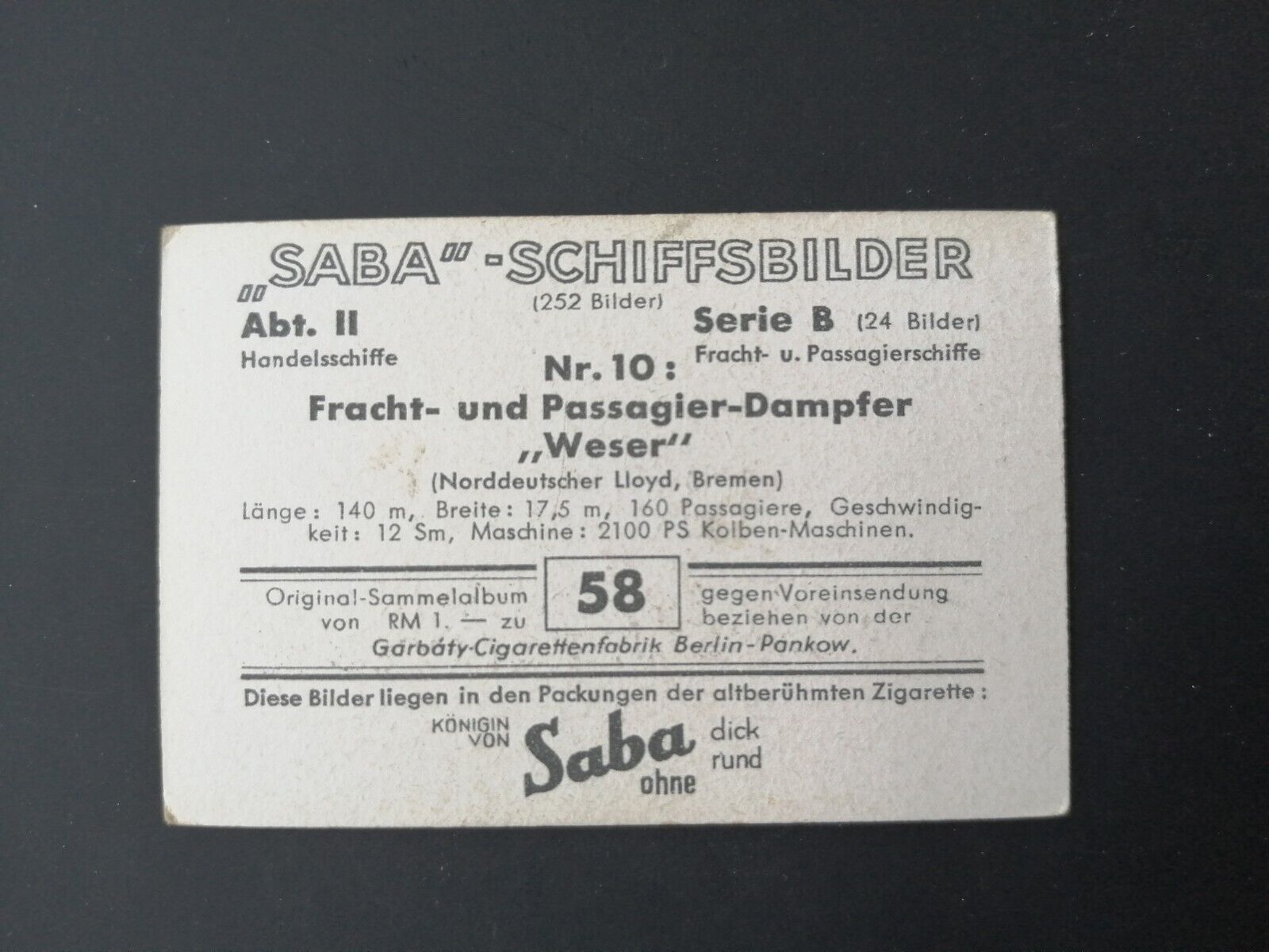 German SABA tobacco ship trading card 1931-33No 58 " "Weser" Bremen