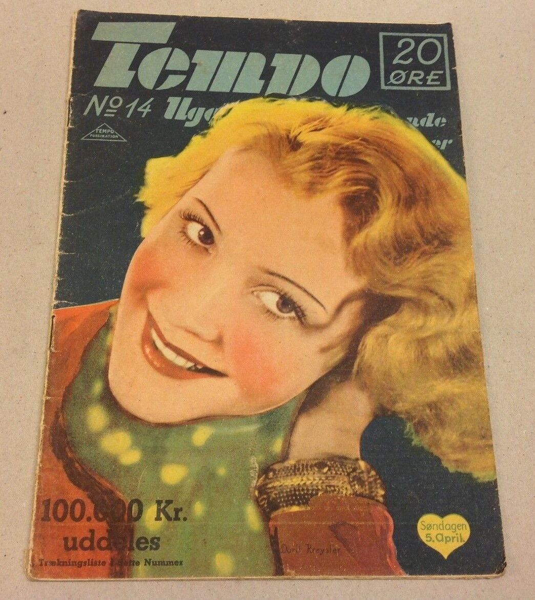 Dorit Kreysler Austrian on Front Cover Original Vtg Danish Magazine "Tempo" 1936