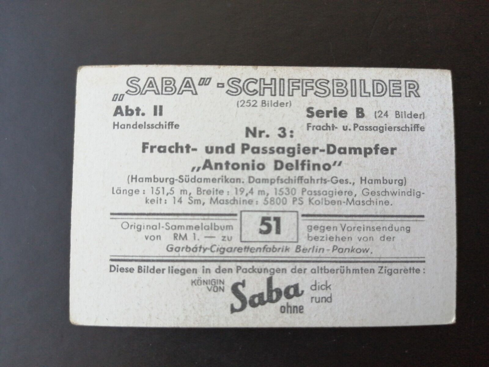 German SABA tobacco ship trading card 1931-33No 51 "Antonio Delfino" Hamburg