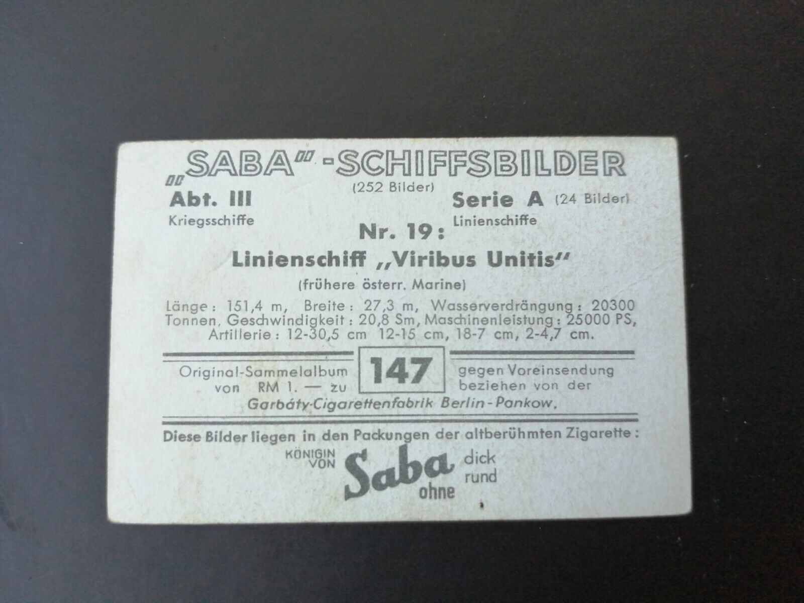 German SABA tobacco ship trading card 1931-33No 147"Viribus Unitis" Germany