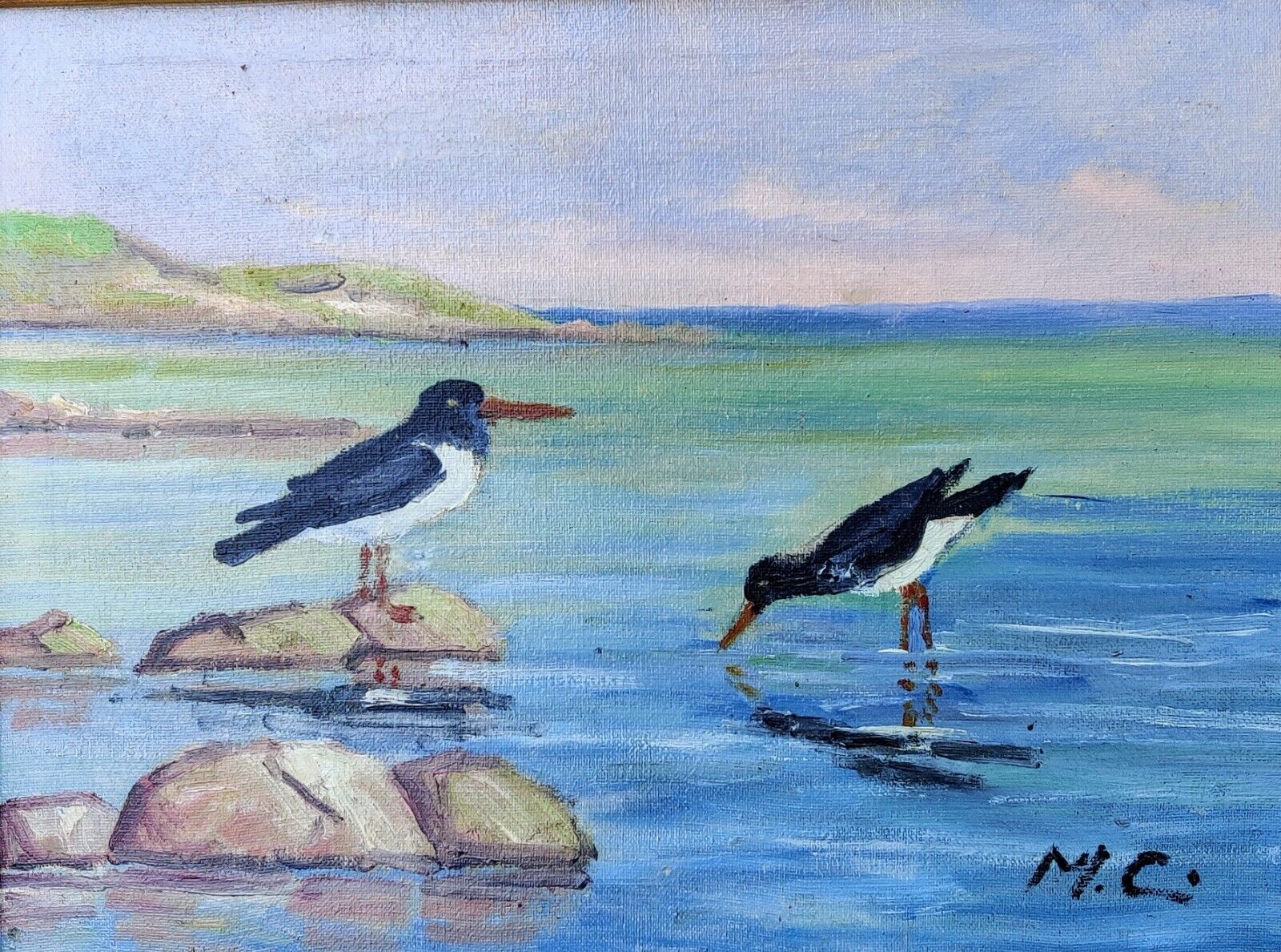 BIRDS ON SHORE original oil painting