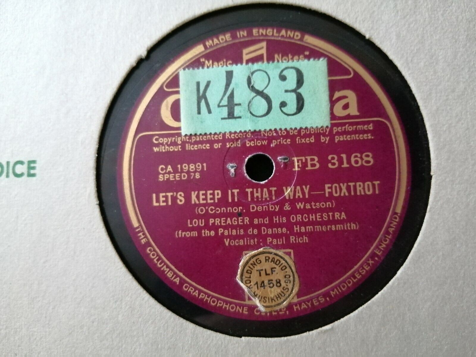 78 rpm shellacLOU PRAEGER and his orchestraVocalist Paul RichColumbia FB 3168