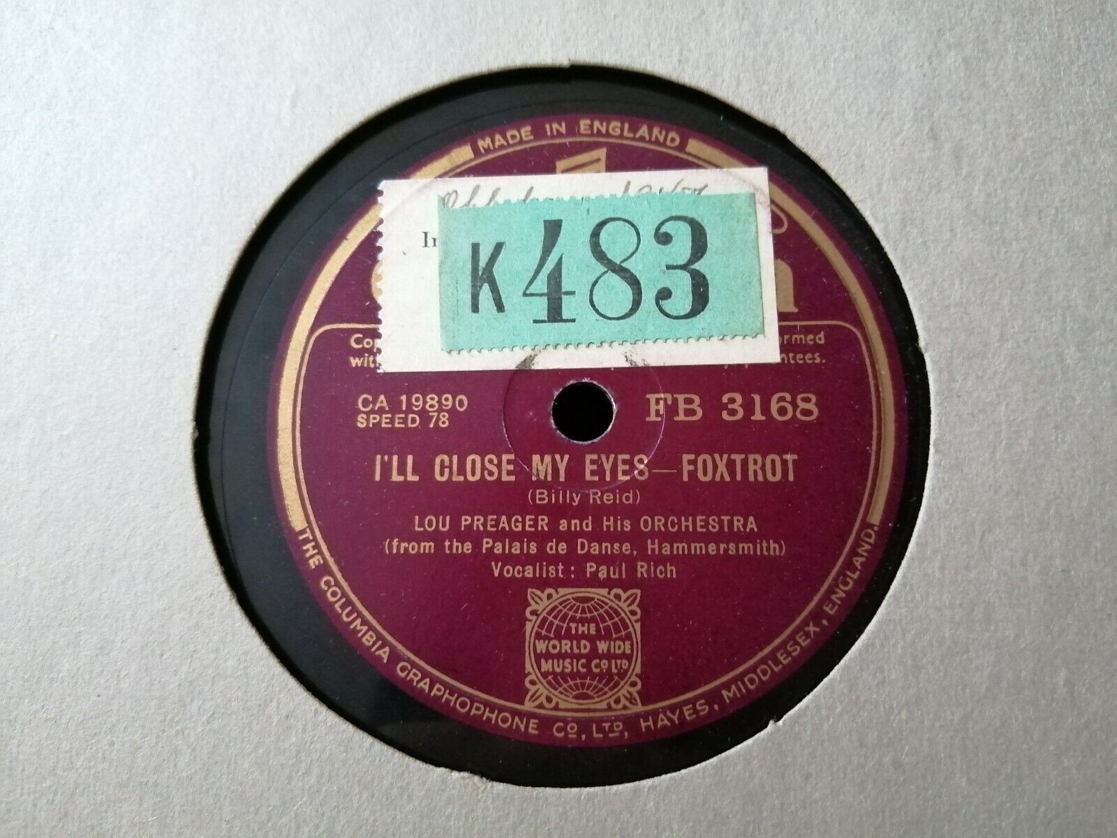 78 rpm shellacLOU PRAEGER and his orchestraVocalist Paul RichColumbia FB 3168