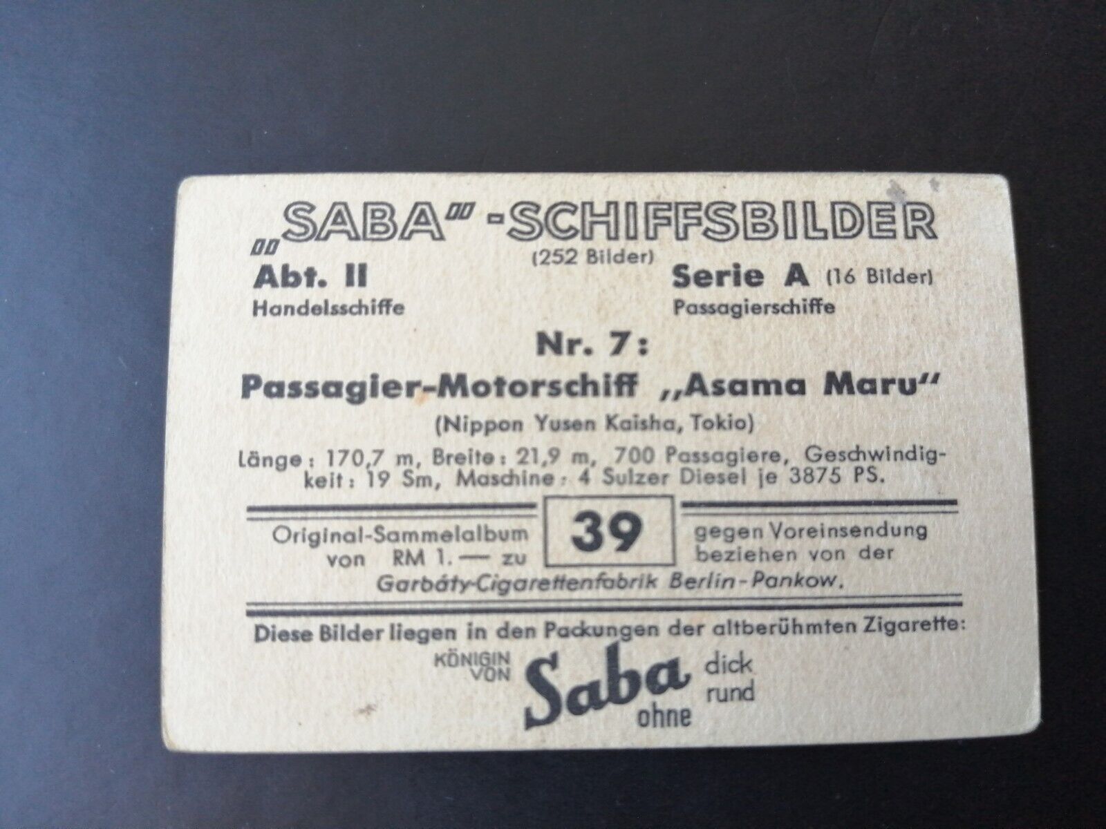 German SABA tobacco ship trading card 1931-33No 39"Asama Maru"Japan