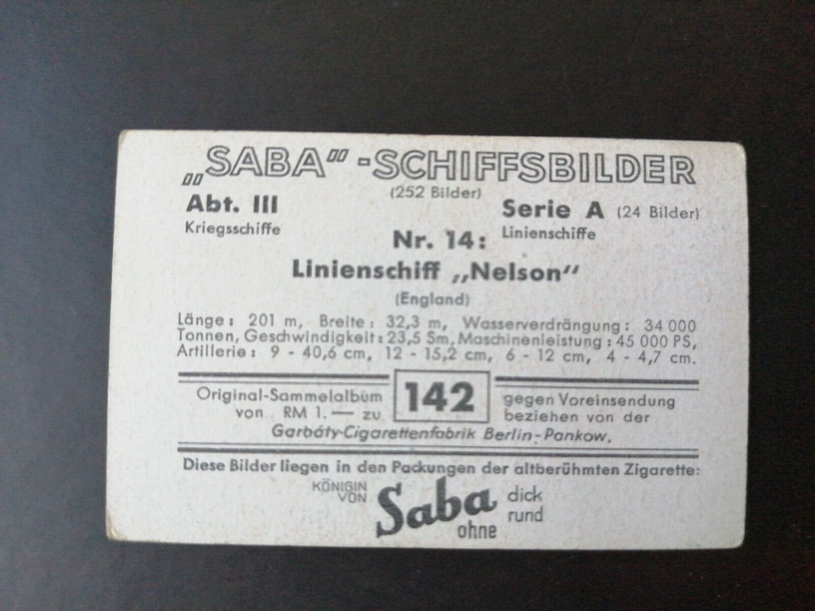 German SABA tobacco ship trading card 1931-33No 142 " Nelson" England