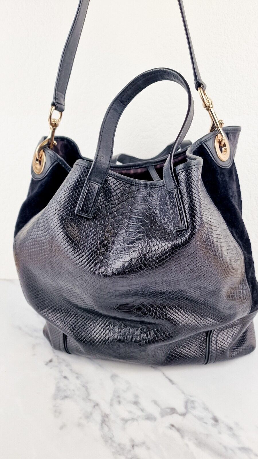 Coach Hadley XL Tote Bag Black Python Embossed Leather  Suede F30963