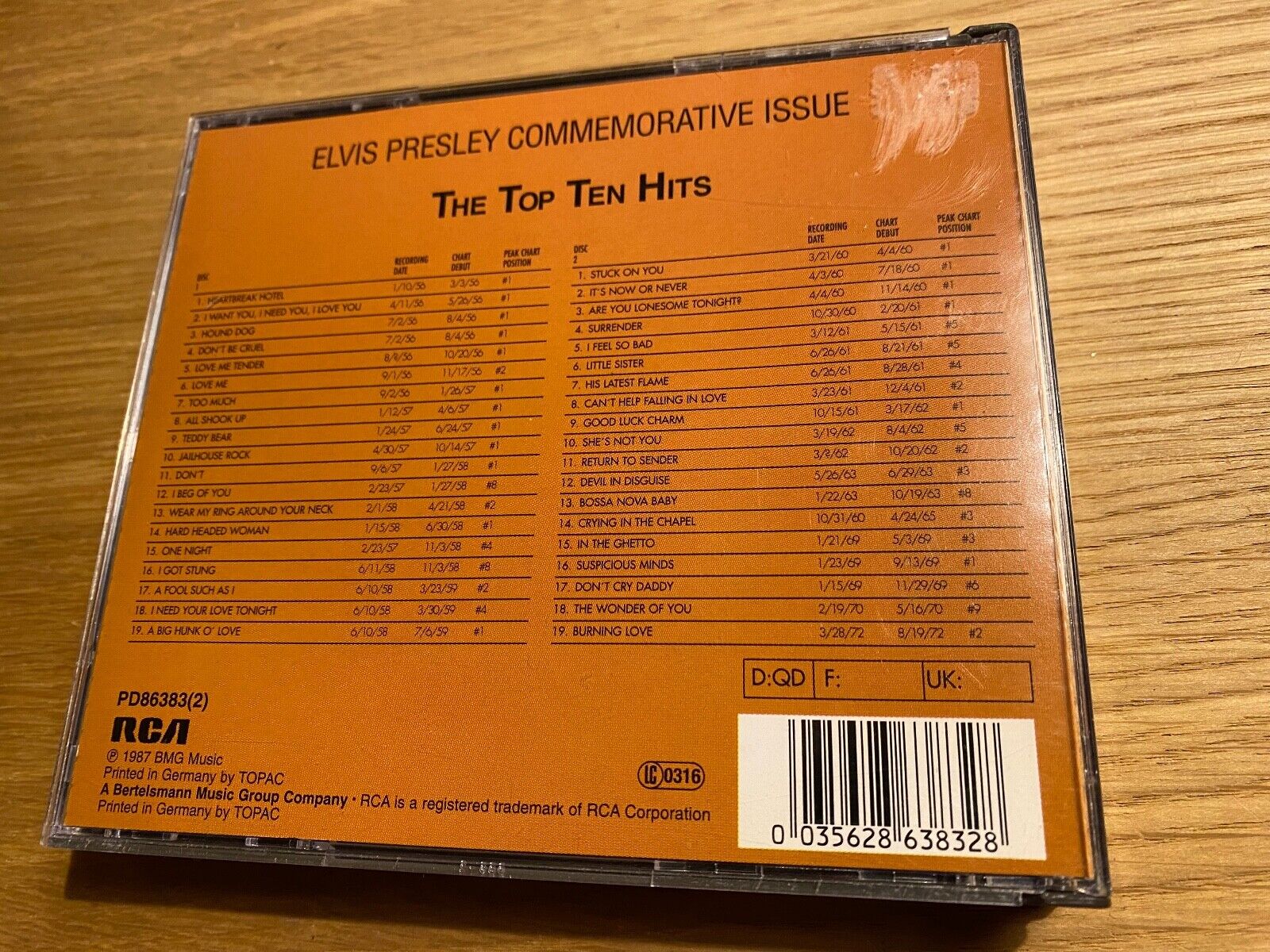 ELVIS PRESLEY "THE TOP TEN HITS" DDD 1987 2 X CD SET 38 TRACK RCA RECORDS GERMAN