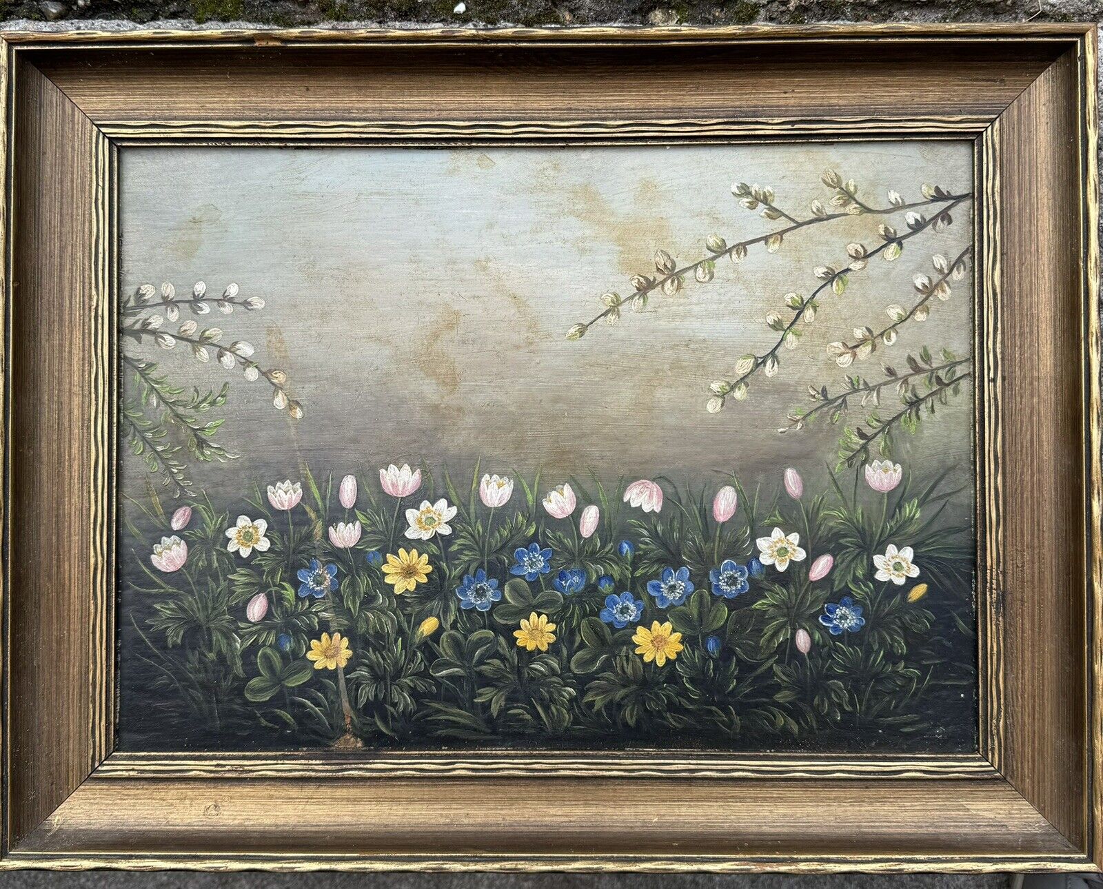 Antique Framed Oil Painting: Beautiful Motif With Flowets From Around 1900