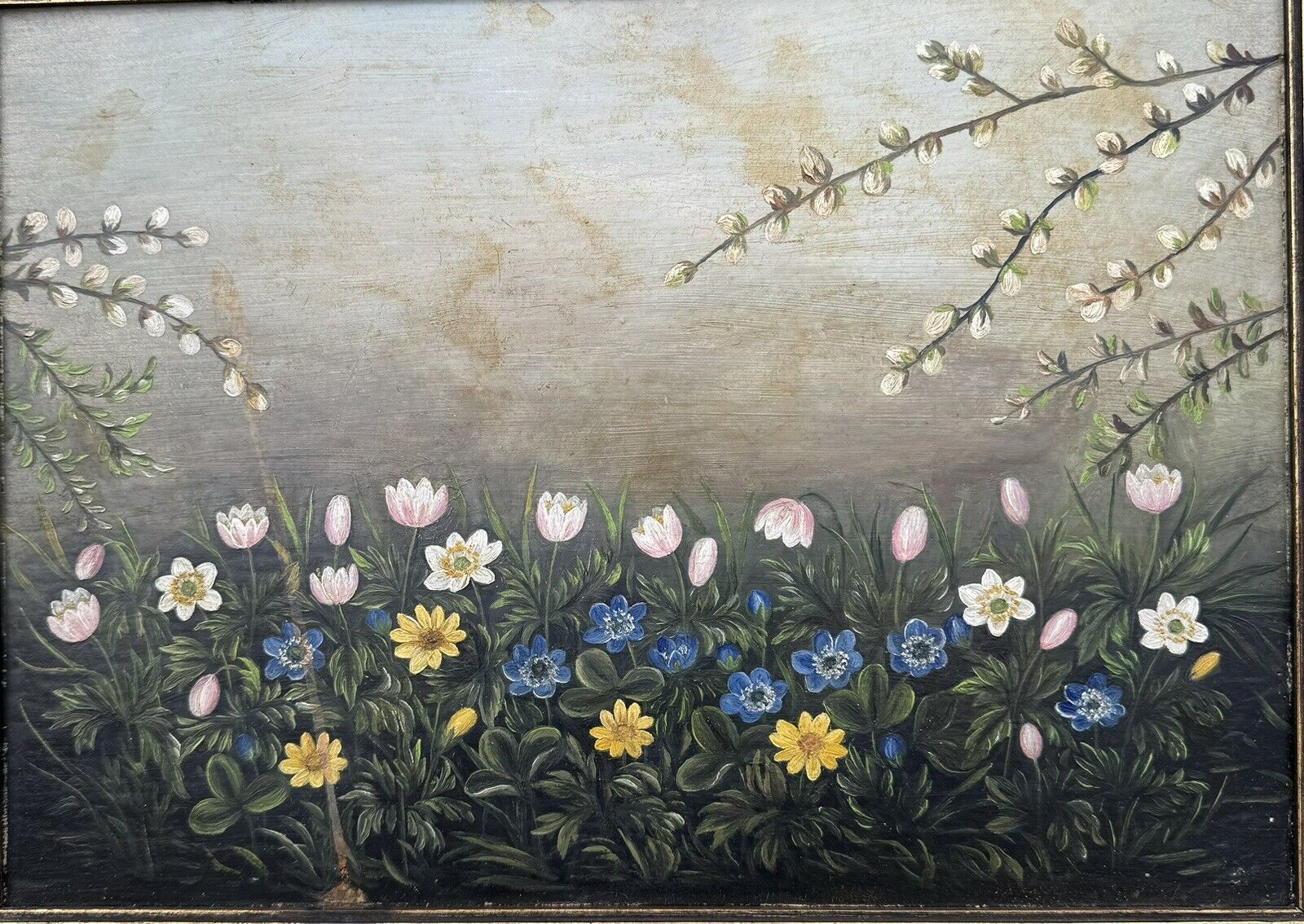 Antique Framed Oil Painting: Beautiful Motif With Flowets From Around 1900