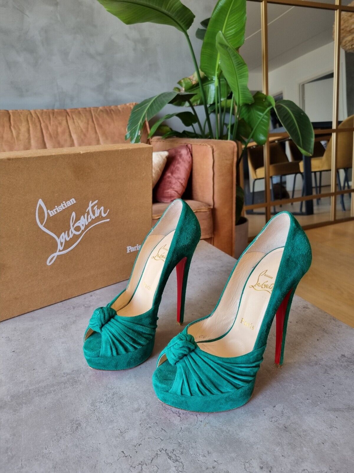 **Christian Louboutin** Emerald Green Suede Jenny 150 Platform Pumps Heels Size