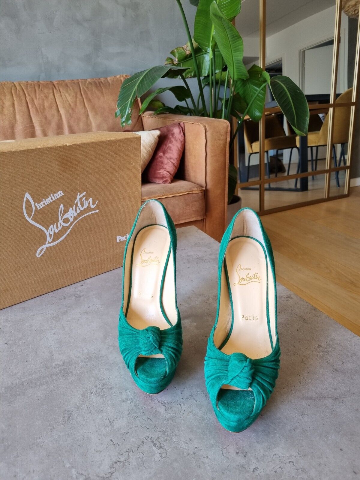 **Christian Louboutin** Emerald Green Suede Jenny 150 Platform Pumps Heels Size