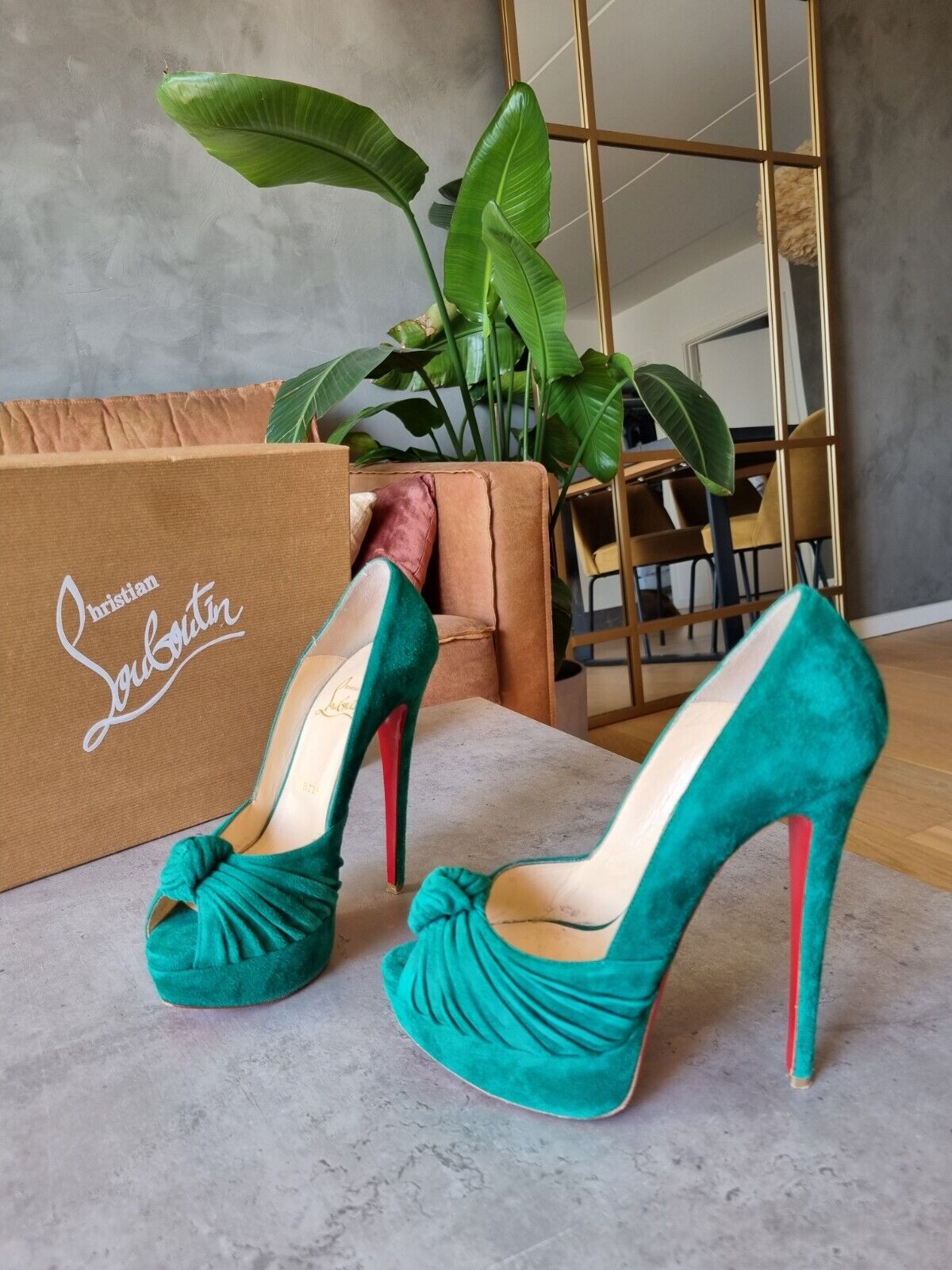 **Christian Louboutin** Emerald Green Suede Jenny 150 Platform Pumps Heels Size