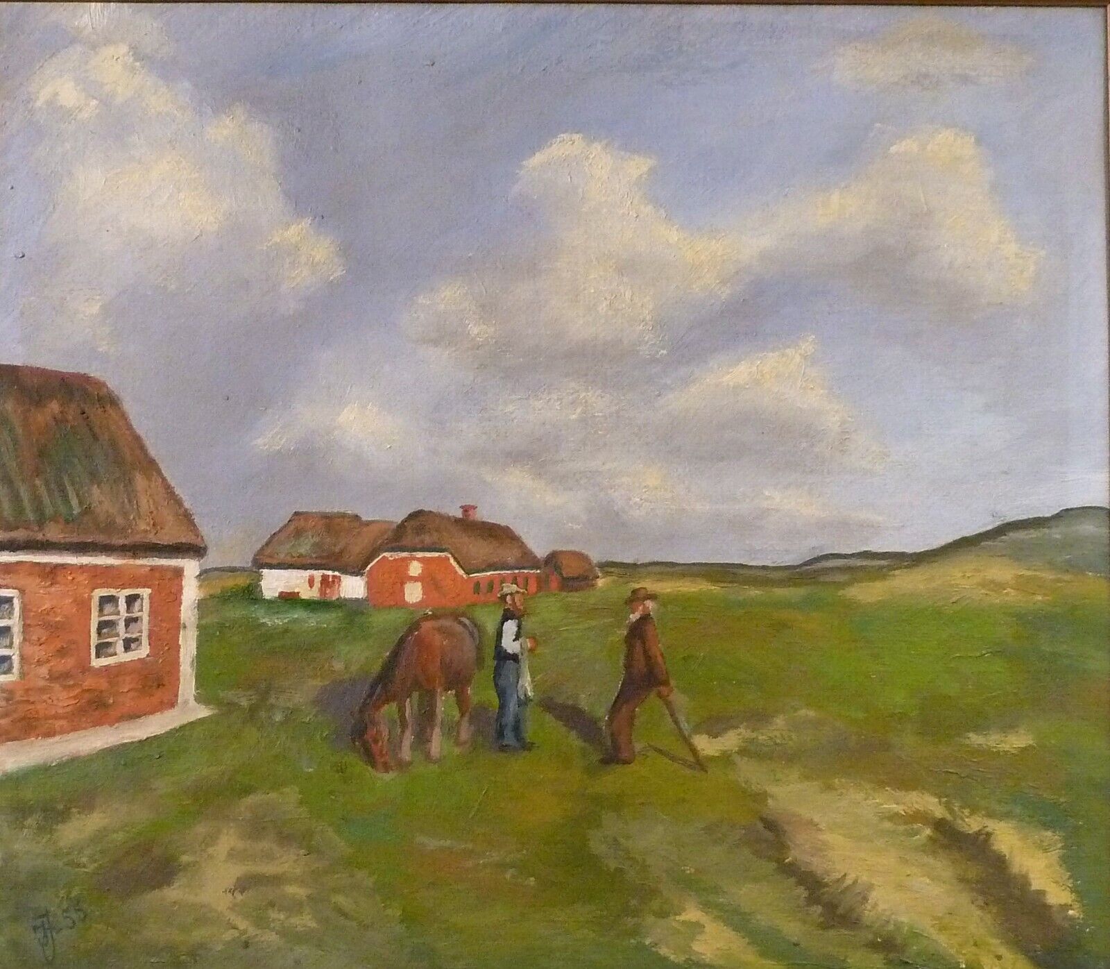 MONOGRAM SIGNED! LANDSCAPE FROM THE DANISH WESTCOATS WITH FARMERS AND FARMHOUSES