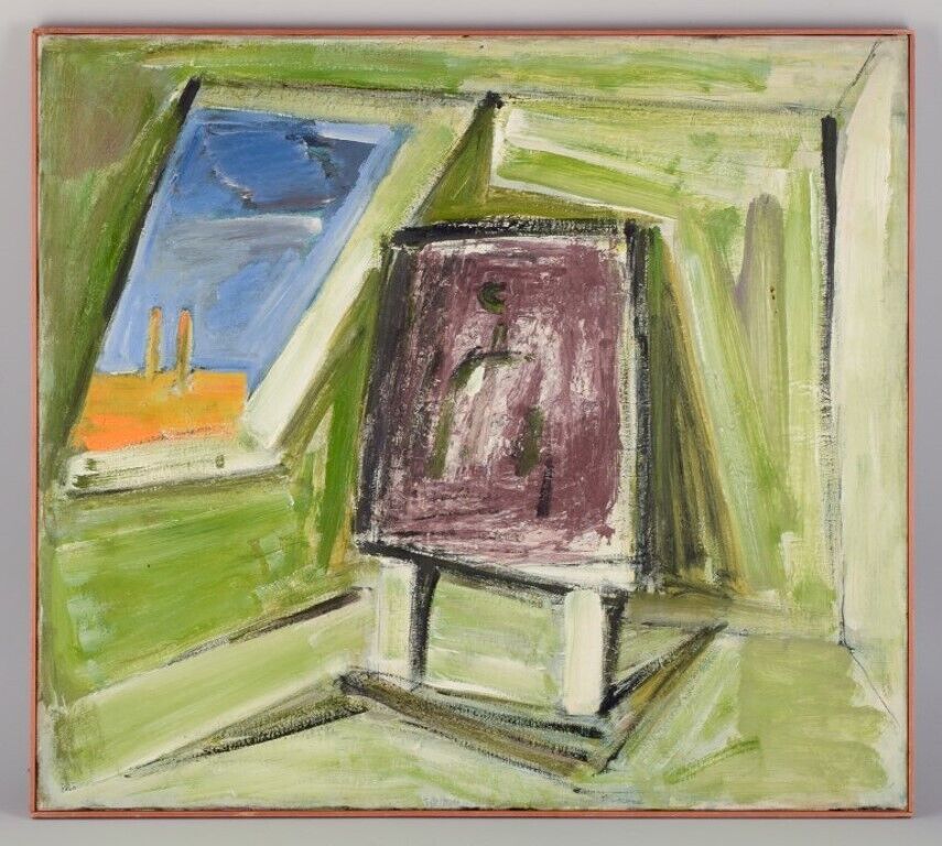 Pär Lindblad (1907-1981) Oil on canvas Modernist composition Studio interior