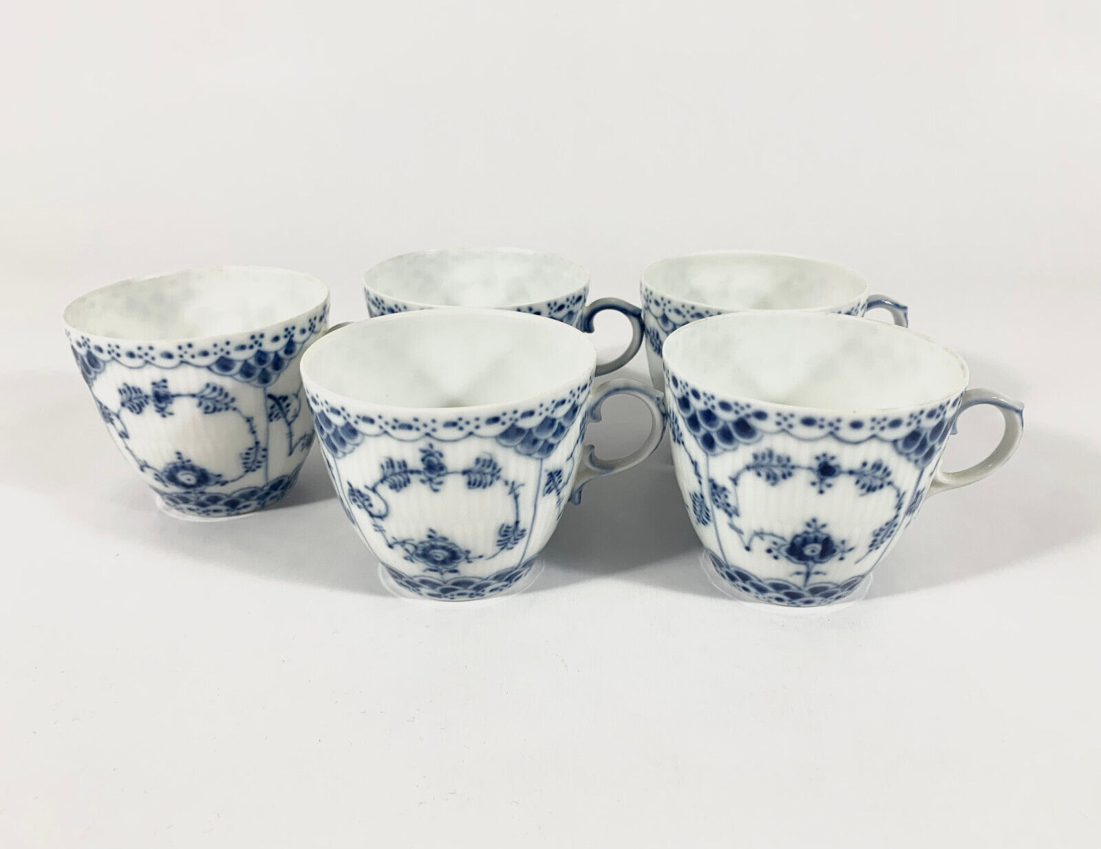 5x Royal Copenhagen Blue Fluted Full Lace  1035 Coffee Cups  Saucers Set