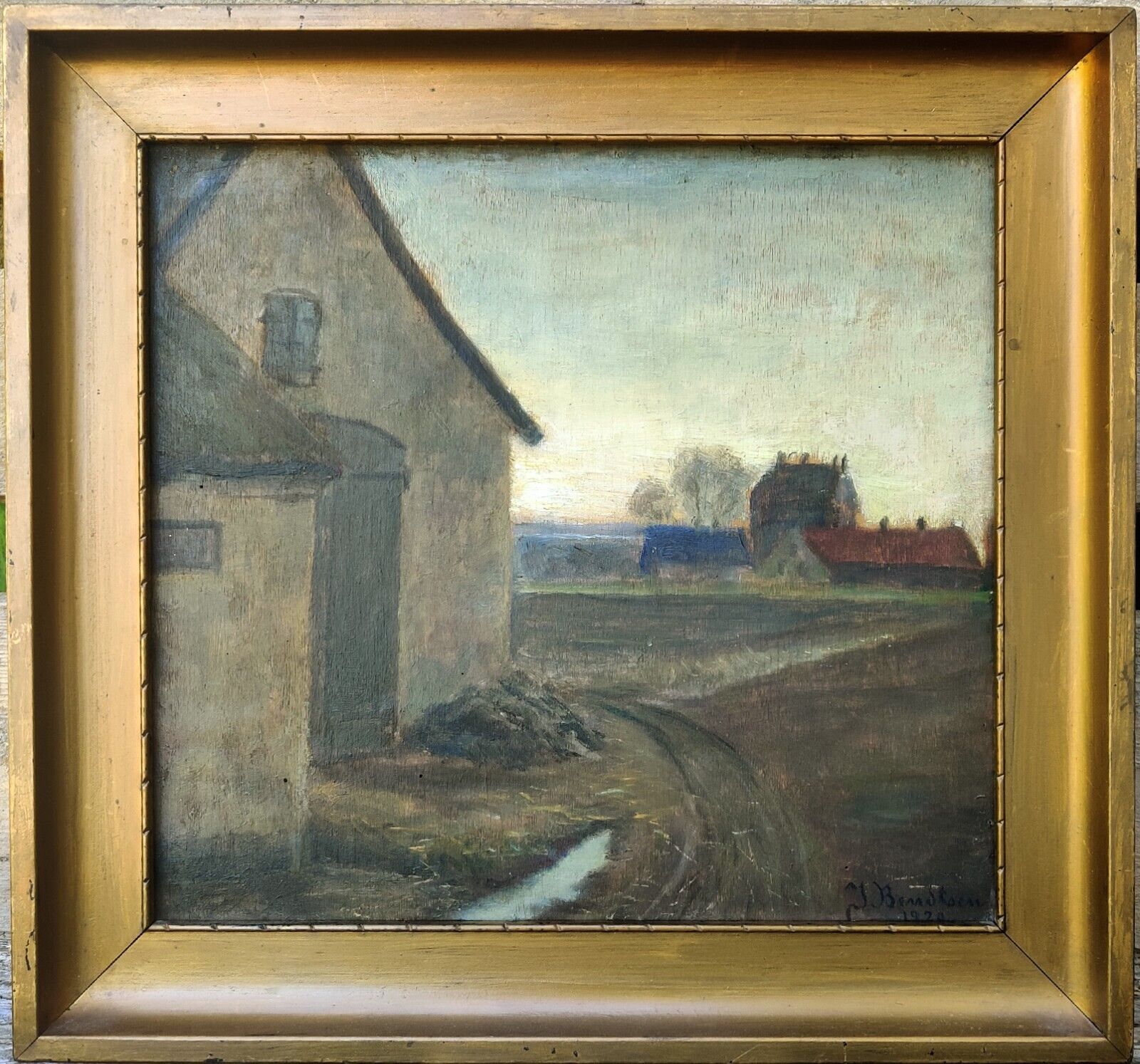 J Bendtsen: FARMHOUSE BUILDINGS original oil painting dated 1920