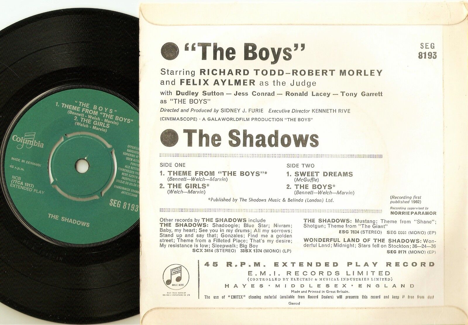 THE SHADOWS THEME MUSIC FROM "THE BOYS" EP DANISH 45+PS 1962 CLIFF RICHARD MONO