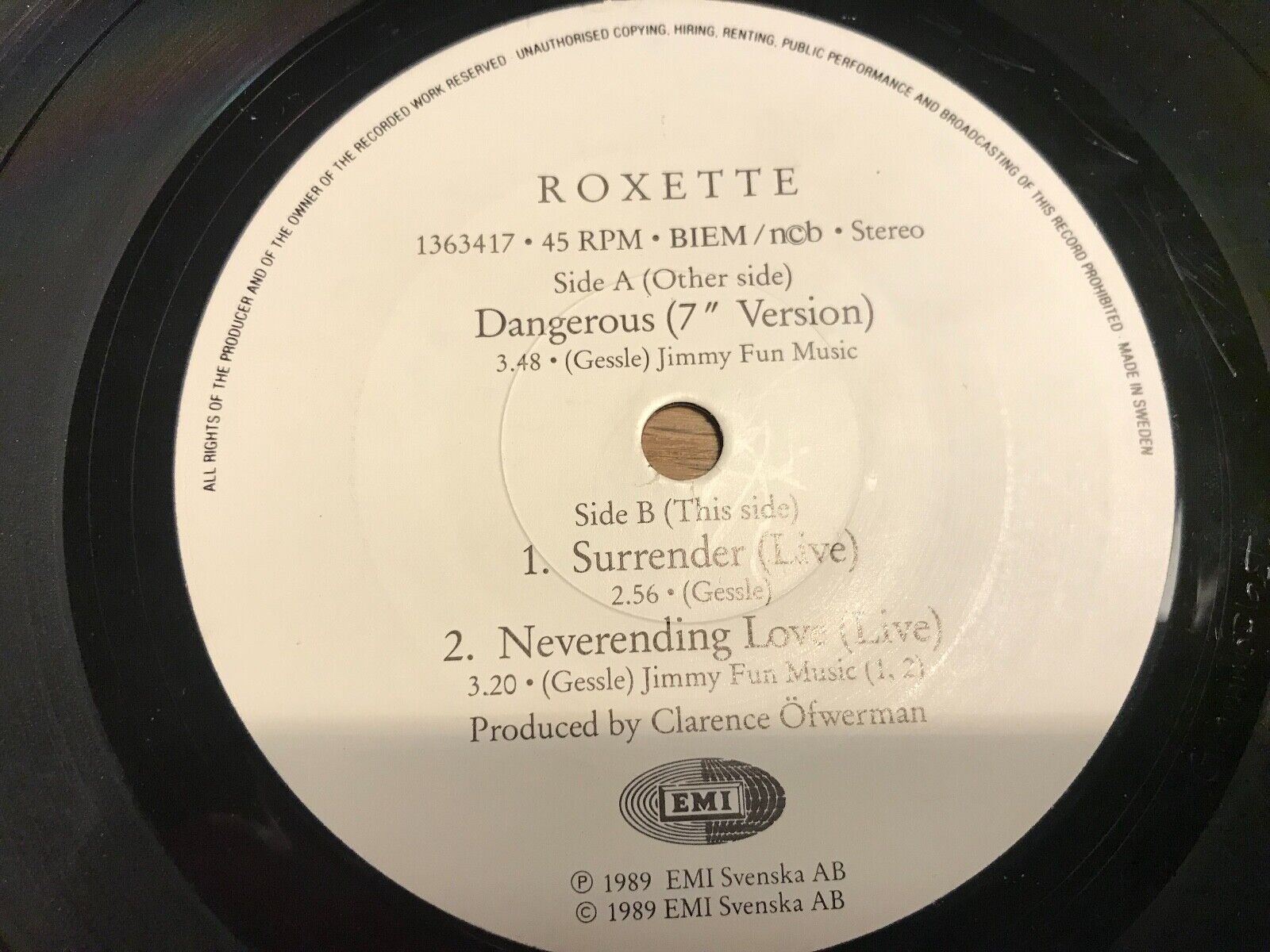 ROXETTE DANGEROUS /SURRENDER/NEVERENDING LOVE NCB SWEDISH 7" 1989 EMI SVENSKA AB