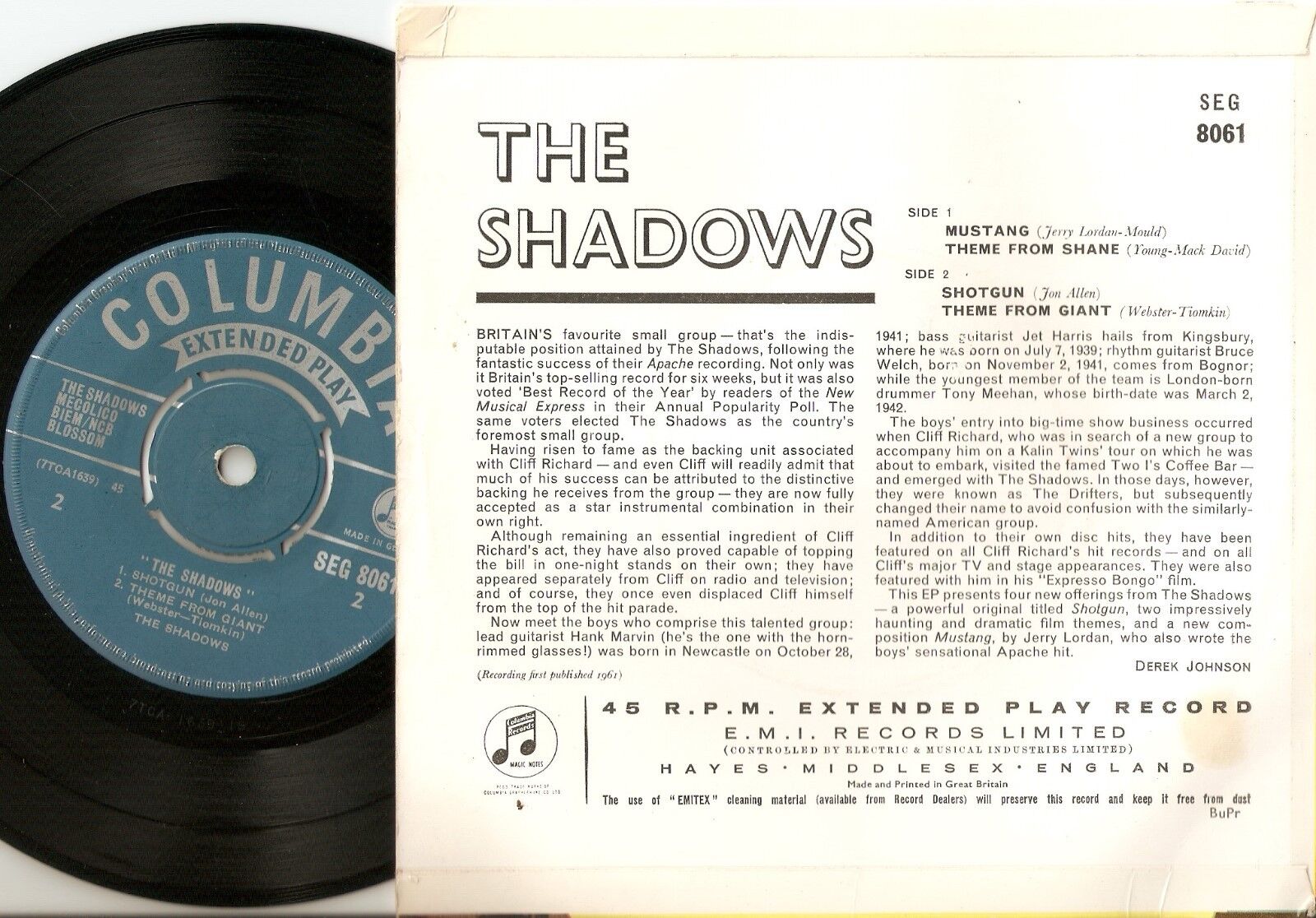 THE SHADOWS MUSTANG EP 45+PS 1961 MONO RR BEAT CLIFF RICHARD THE DRIFTERS