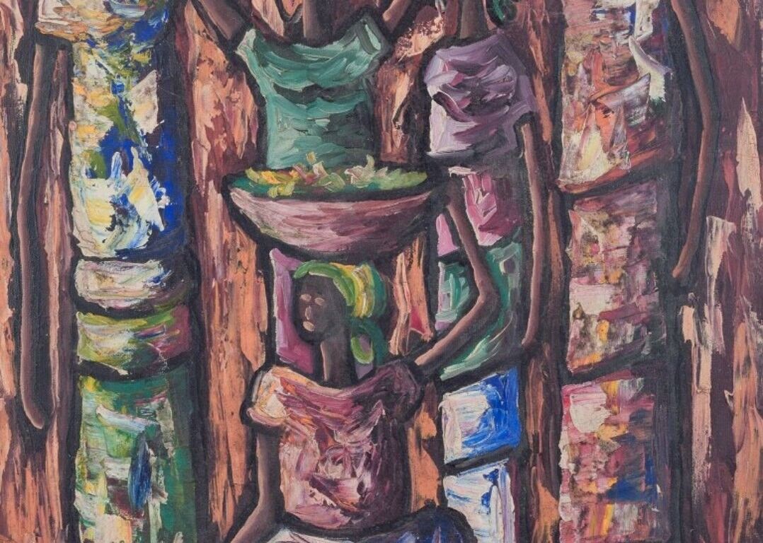 A J Luis Haiti Oil on canvas Five women in a landscape 1972