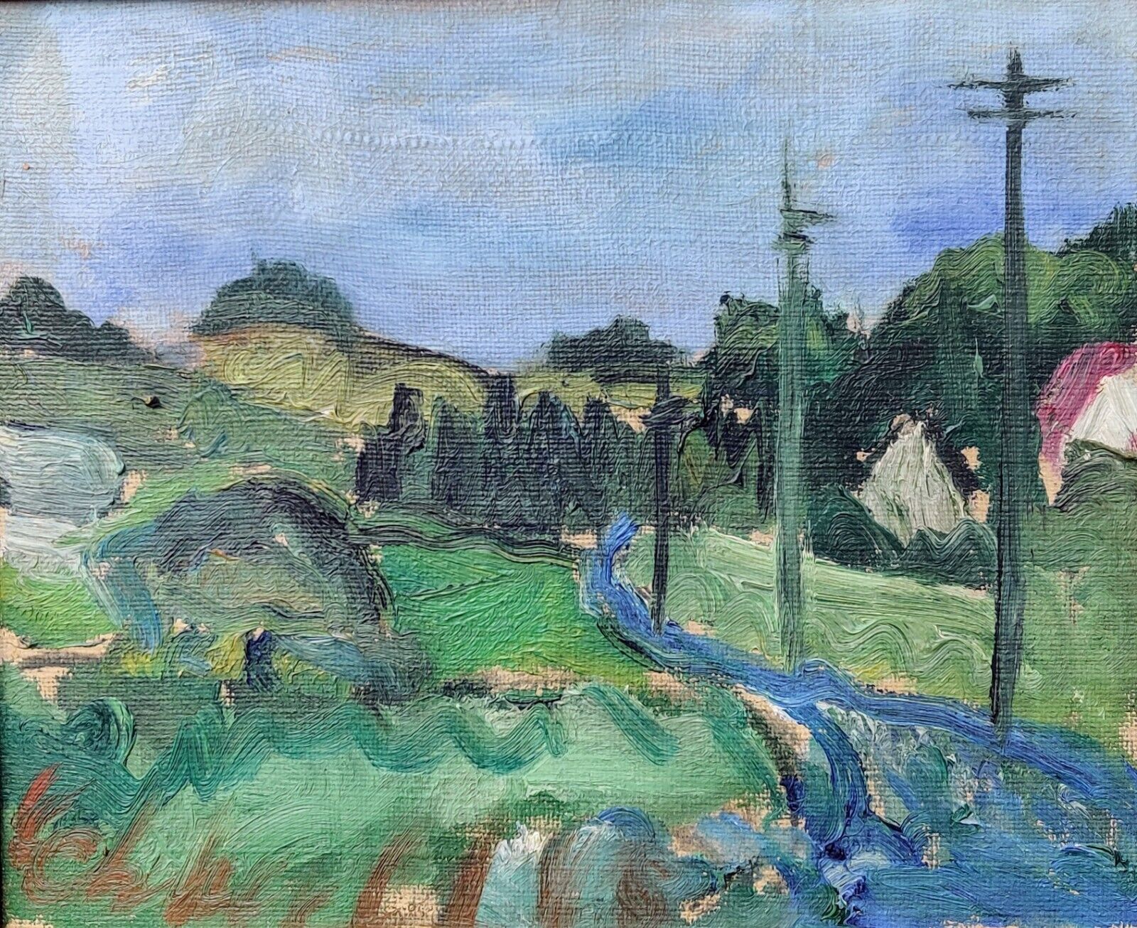 GREEN LANDSCAPE, original oil painting, low shipping.