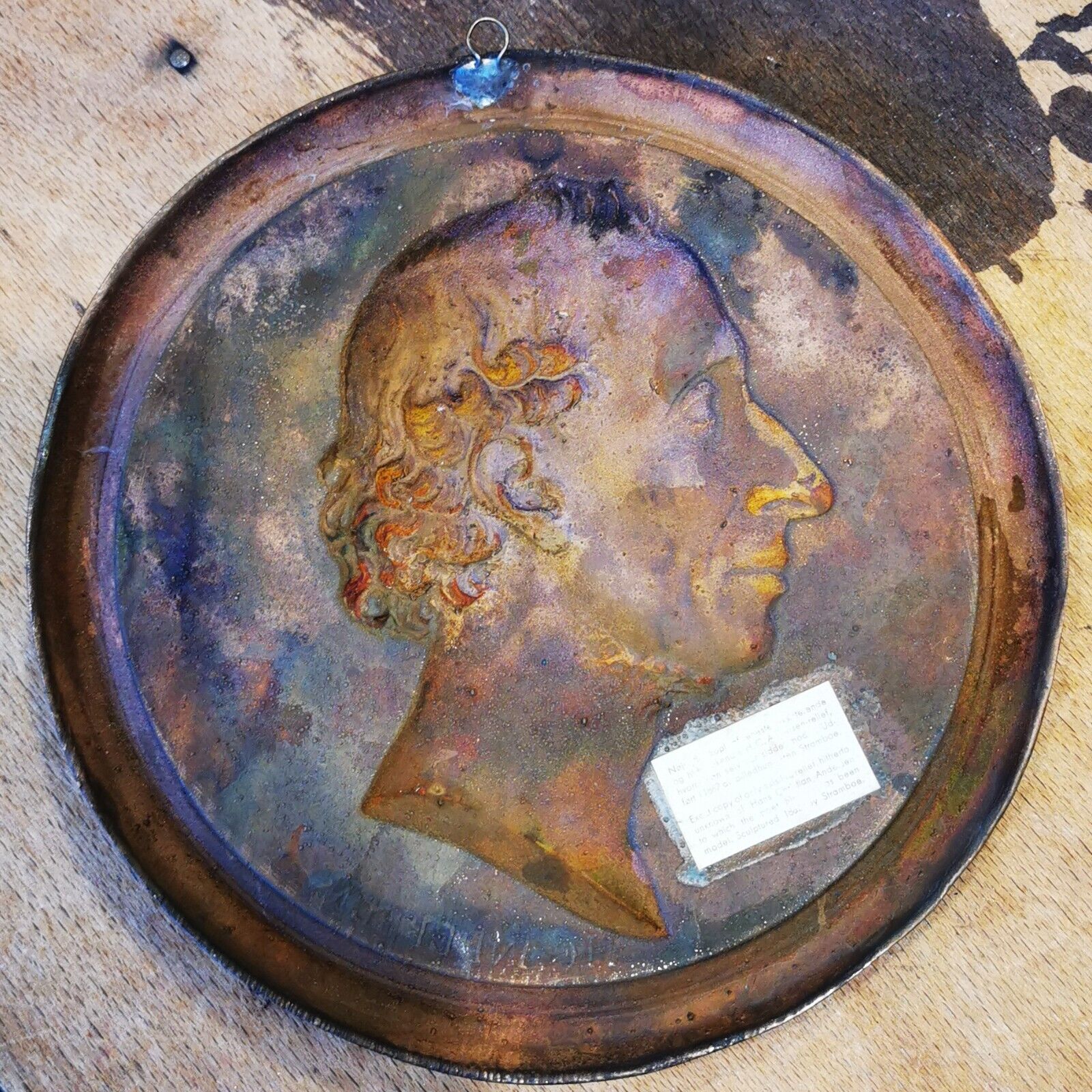 Old round copper plate with motif by danish author H C Andersen in 1862